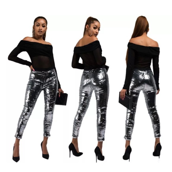 SALE🥂NEW TIMELESS SILVER SEQUIN PANTS-LEGGINGS - Picture 3 of 8